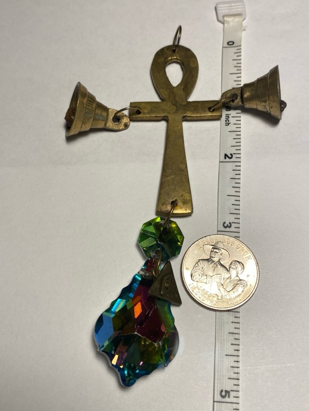 Brass Ankh Wall Accent with Green Iridescent Crystal
